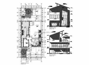 planos de casa moderna de tres niveles con tres habitaciones y techos inclinados, planta arquietctonica, dimensionada, alzados, secciones planos para descarga gratis en formato dwg