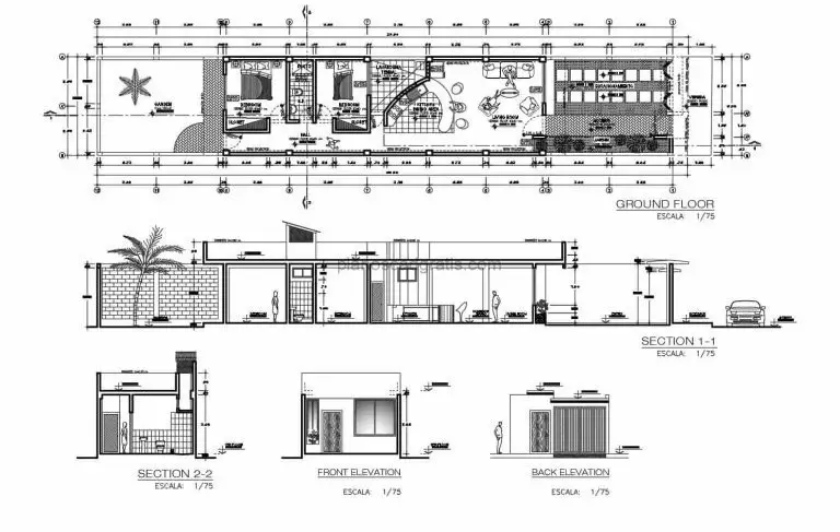 plano de casa de playa rectangular de un solo nivel con dos habitaciones y patio, plano arquitectonico con dimensiones, elevaciones, secciones y detalles de construccion para desarga gratis