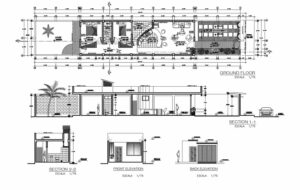 plano arquitectonico con dimensiones de casa de un piso con dos habitaciones, planos para descarga gratis en formato dwg de autocad