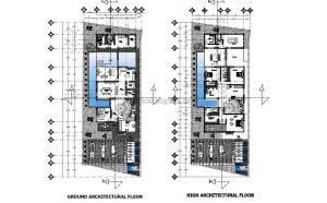 planos en formato dwg de autocad de casa moderna de dos niveles con piscina en forma de L, tres habitaciones y escalera circular, planos para descarga gratis en formato dwg