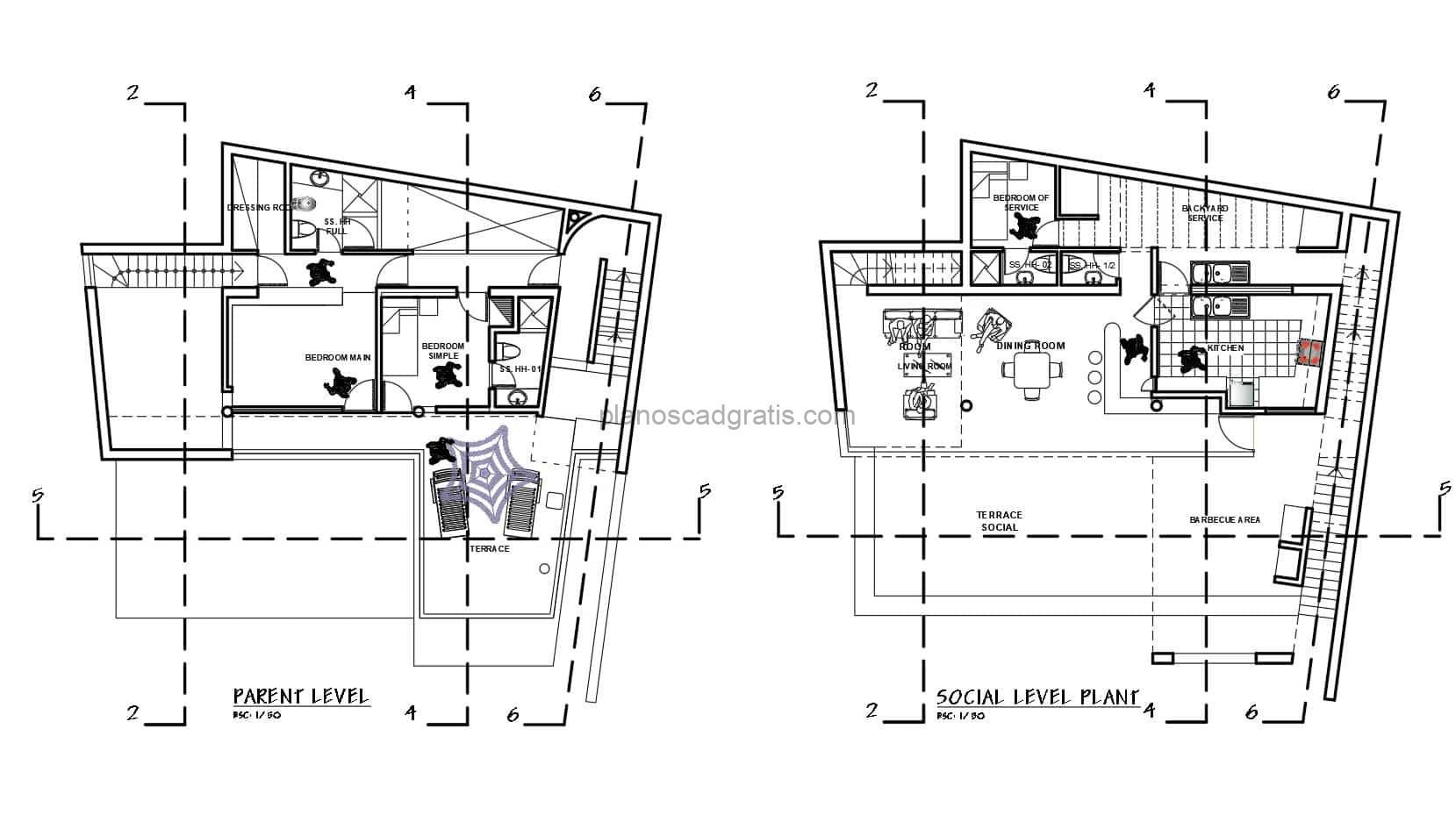 plano de autocad de casa moderna de dos pisos con terraza superior y habitaciones con baños independientes, planos dwg de autocad para descarga gratis
