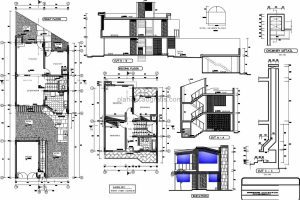 planos de residencia moderna de dos niveles con chimenea y tres habitaciones, plano arqutiectonico con medidas para descarga gratis en formato dwg de autocad