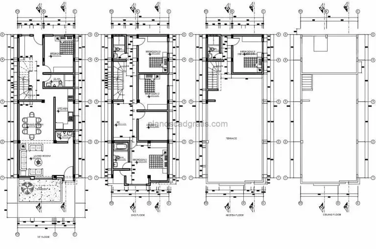 Casa De Tres Pisos Con 4 Habitaciones Planos de AutoCAD 3007211