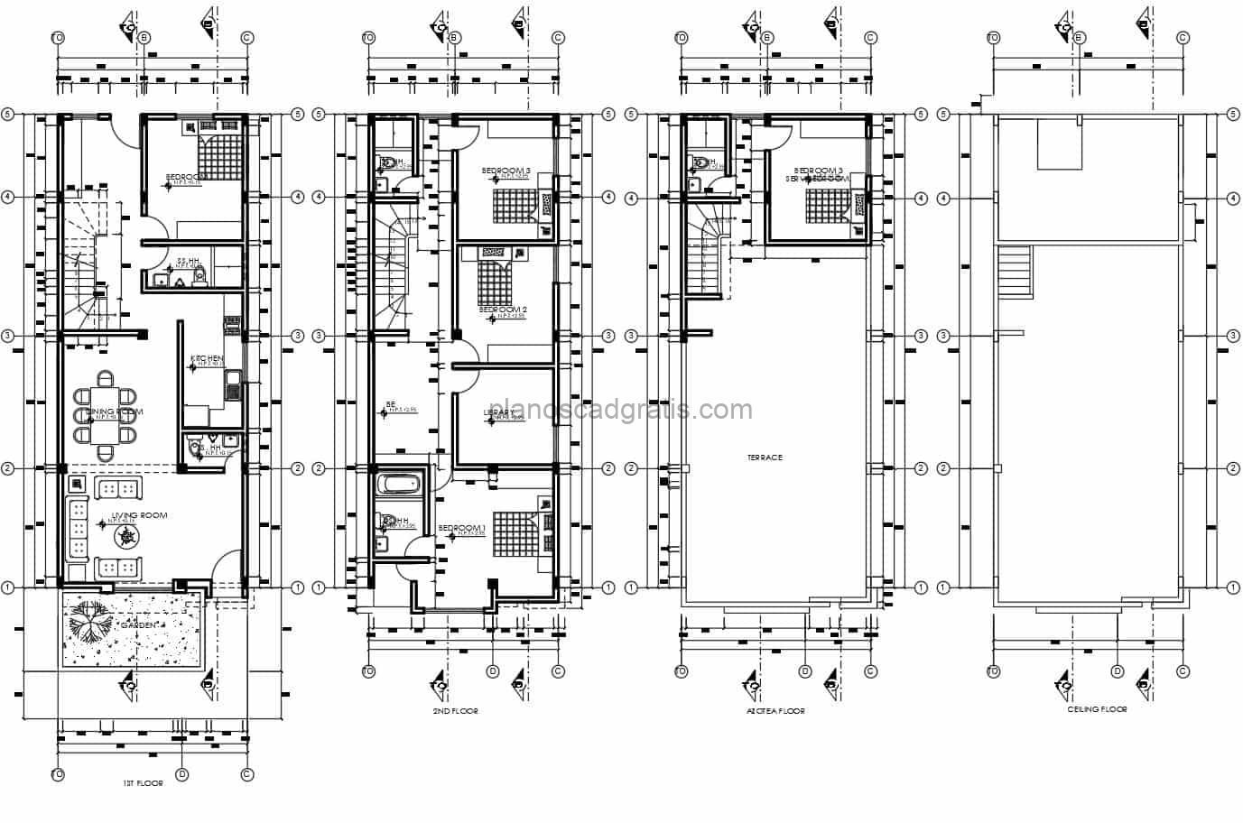 planos de casa de tres niveles con cuatro habitaciones y baños independientes planos en formato dwg de autocad para descarga gratis