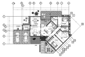 plano de residencia moderna de tres habitaciones de un nivel en formato dwg de autocad para descarga gratis
