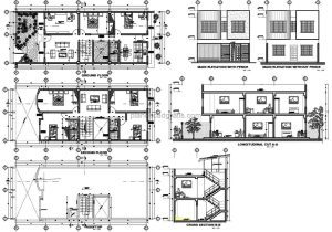 plano de residencia moderna de dos niveles con alzados, planta arquitectonica de cuatro habitaciones con dimensiones, planos electricos, sanitarios, cimentacion para descarga gratis en formato dwg de autocad