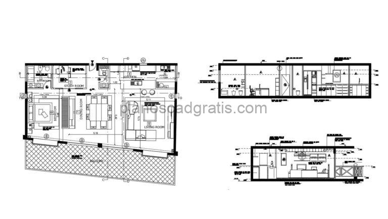 plano arquitectonico de apartamento tipo loft con dimensiones y mobiliario de interior en formato dwg, cortes, fachadas, plano para descarga gratis