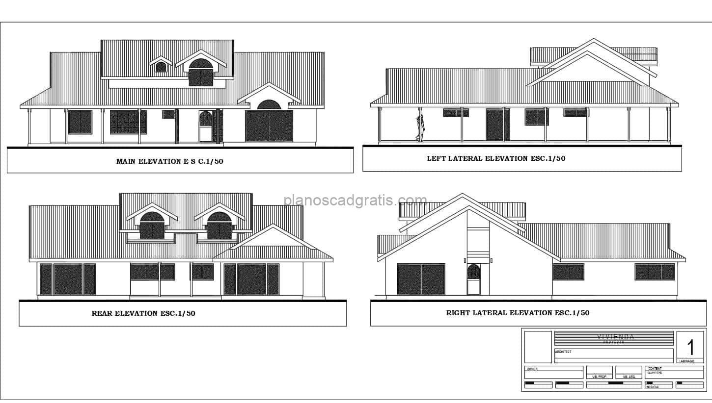 planos de autocad de casa campestre de dos niveles con planta dimensionada y arquitectonica para descarga gratis