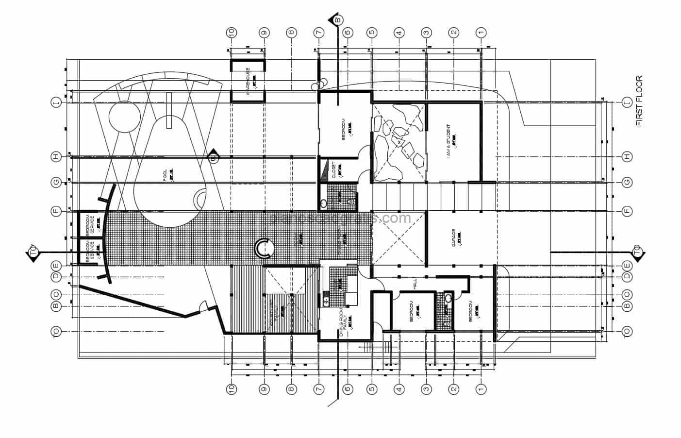 planos arquitectonicos de casa estudio con cuatro habitaciones y area de piscina en parte exterior, planos con secciones, fachadas y dimensiones para descarga gratis en formato dwg de autocad