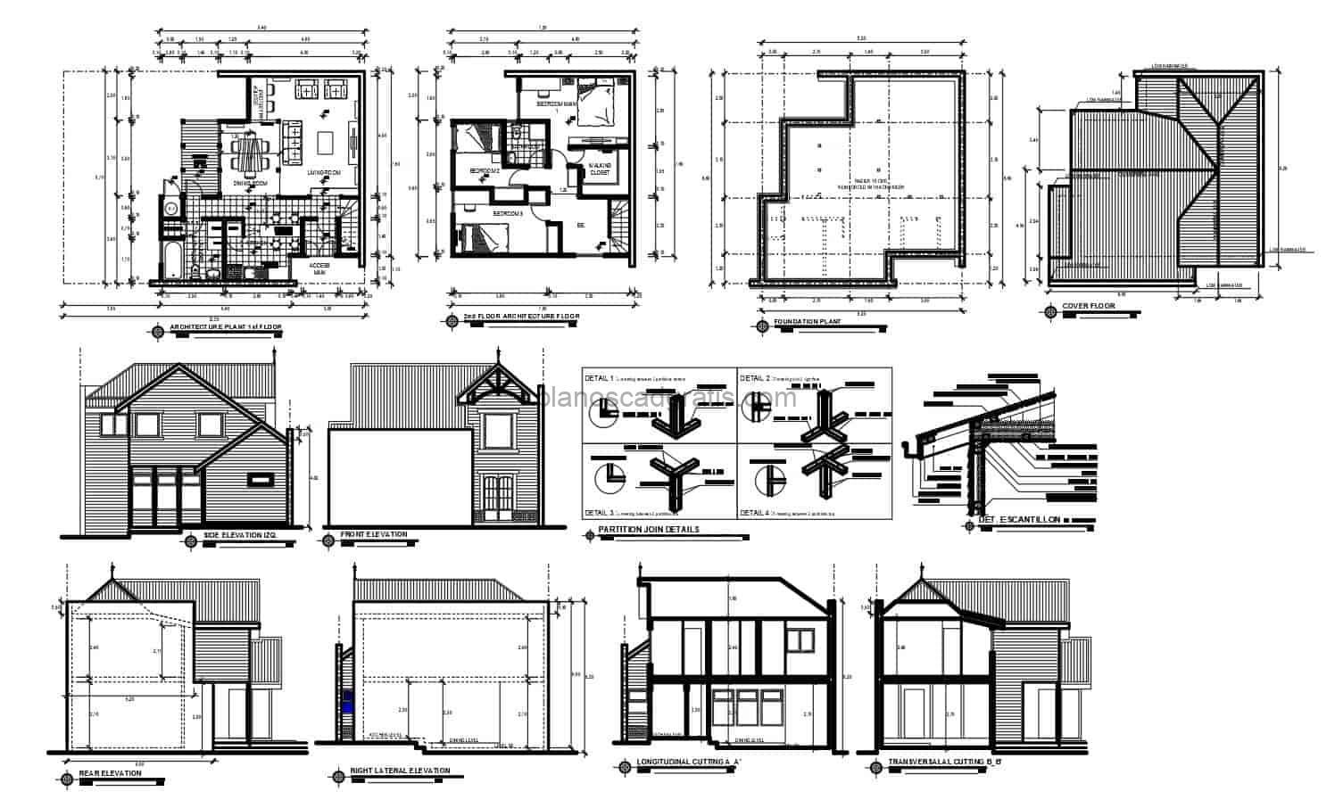 proyecto completo de casa de granja con planos detallados arquitectonicos y dimensionados para descarga gratis en formato dwg de autocad