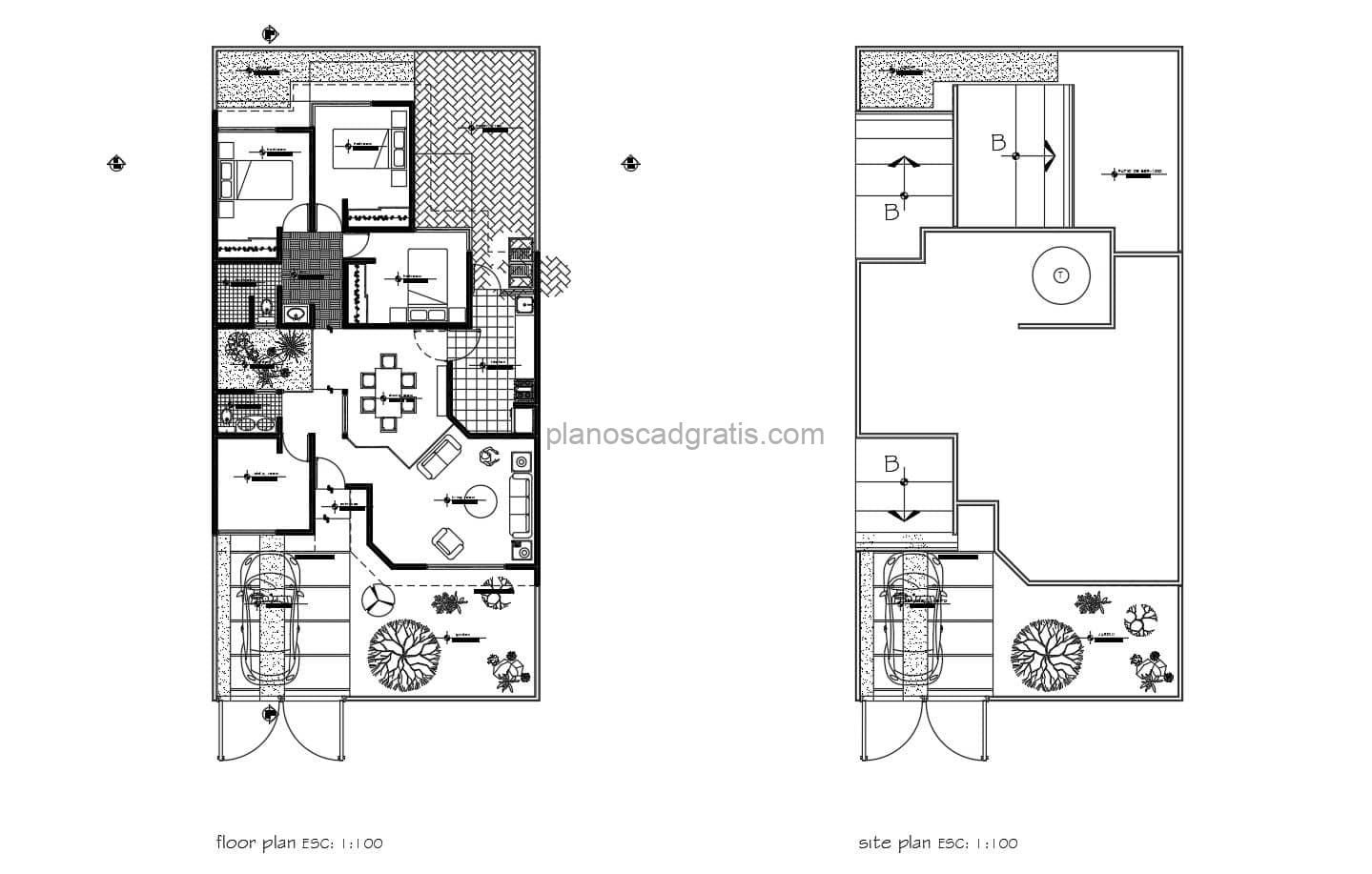 planos completos en formato dwg de autocad de residencia de un nivel con tres habitaciones y garaje cerrado, plano con dimensiones y mobiliario de dwg para descarga gratis