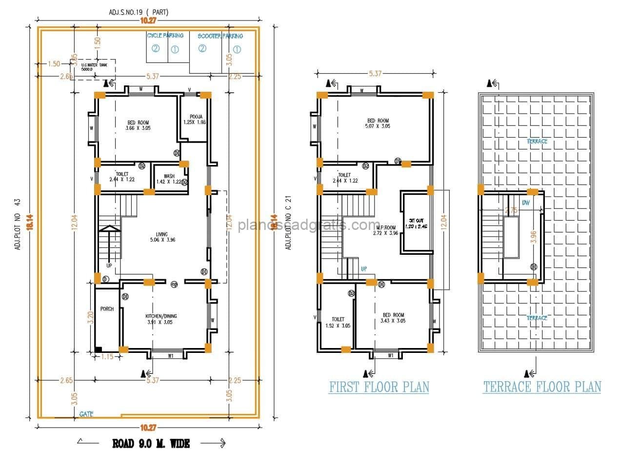 planos en formato dwg de autocad de residencia de dos pisos con tres habitaciones y terraza en techo, planos con planta arquitectonica y medidas para descarga gratis
