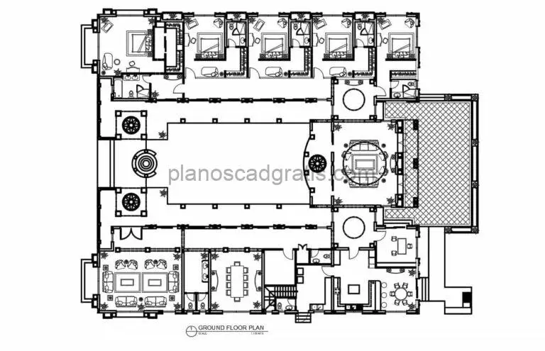 plano de gran residencia con patio central y cinco habitaciones plano en formato dwg de autocad para descarga gratis