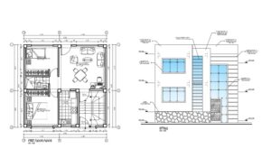 pequeña casa con fachada moderna en planos de autocad formato dwg para descarga gratis, plano de casa de dos habitaciones en niveles individuales