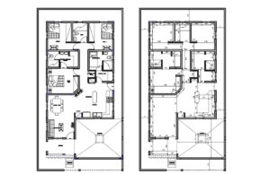 plano en formato dwg de autocad de residencia de un nivel con tres habitaciones, plantas dimensionadas y arquitectonica para descarga gratis