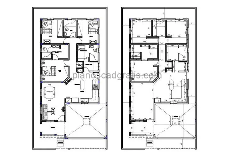 plano en formato dwg de autocad de residencia de un nivel con tres habitaciones, plantas dimensionadas y arquitectonica para descarga gratis