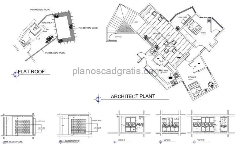 planos de autocad de casa campestre con dos habitaciones y area de bbq techada planta amueblada con dimensiones, secciones, elevaciones para descarga gratis en formato dwg