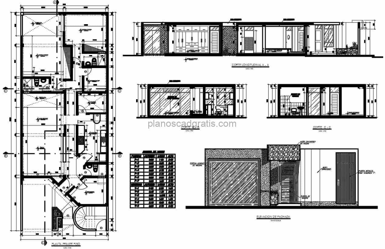 plano de casa simple de hormigon de un piso con fachada simple y moderna en piedra, planta arquitectonica y dimensionada para descarga gratis en formato dwg de autocad