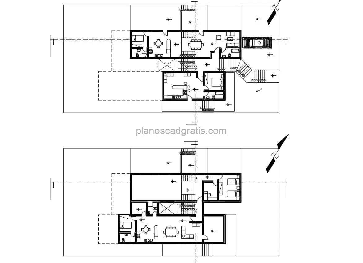 proyecto completo de casas individuales en dos niveles y con tres habitaciones, planos con dimensiones, y bloques de interior para descarga gratis formato DWG de Autocad