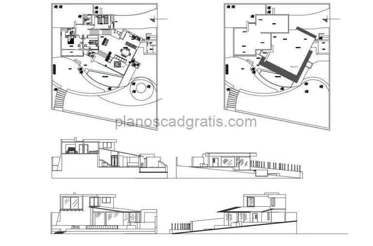 planos en formato dwg de autocad de residencia con estilo moderno y tres habitaciones planos arquitectonicos con dimensiones y fachada para descarga gratis