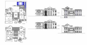 plano de casa campestre de dos niveles con cuatro habitaciones y piscina en area de patio, planos arquitectonicos con dimensiones y detalles consructivos en formato dwg de autocad para descarga gratis