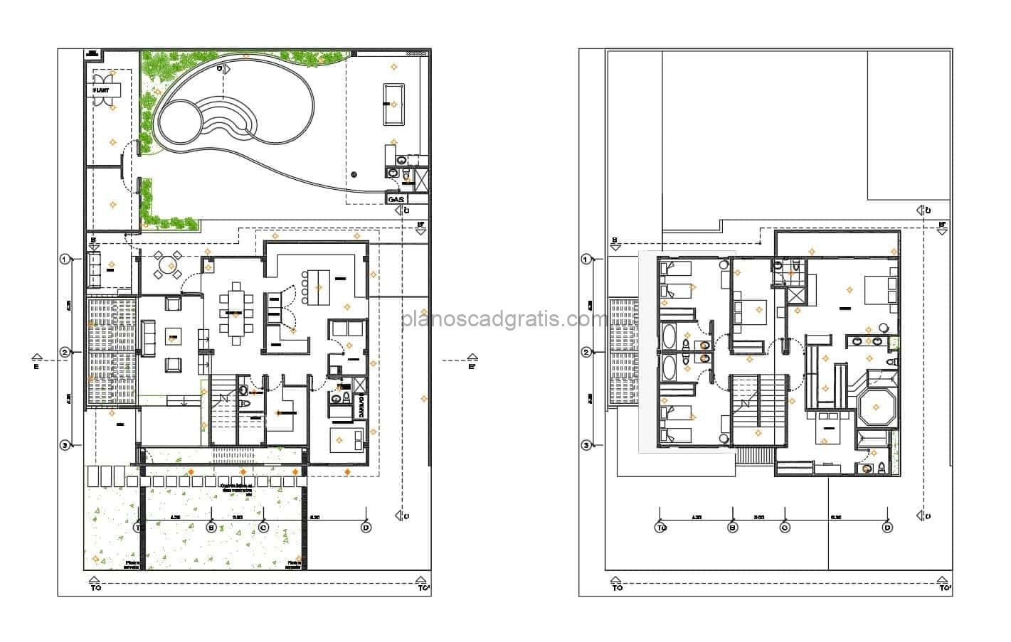 planos de proyecto de residencia de dos niveles con 6 habitaciones y area de piscina en patio, planos completos con detalles constructivos y dimensiones para descarga gratis en formato dwg