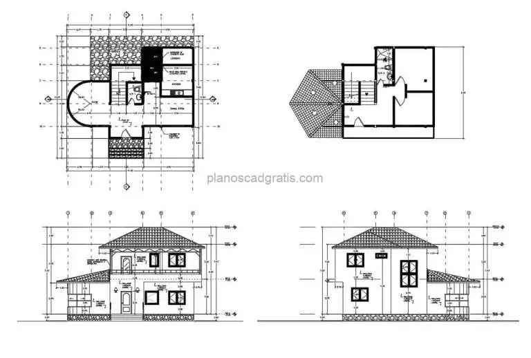 plano de casa campestre de dos niveles con techo de tejas planta arquitectonica, dimensionada, fachadas , conjunto, plano para descarga gratis formato dwg de autocad