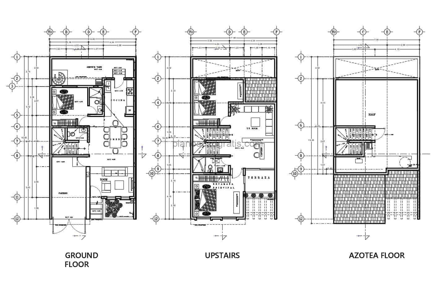 plano de casa de dos pisos de 8x15 metros lineales con dimensiones y fachadas en formato dwg de autocad para descarga gratuita