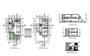 plano de casa de dos pisos en formato dwg de autocad con dos habitaciones en la parte de arriba y primer nivel areas sociales, planos con dimensiones y bloques para descarga gratis