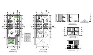 planos en formato dwg de autocad de residencia de dos pisos con cinco habitaciones en total, planos para descarga gratis con dimensiones y alzados