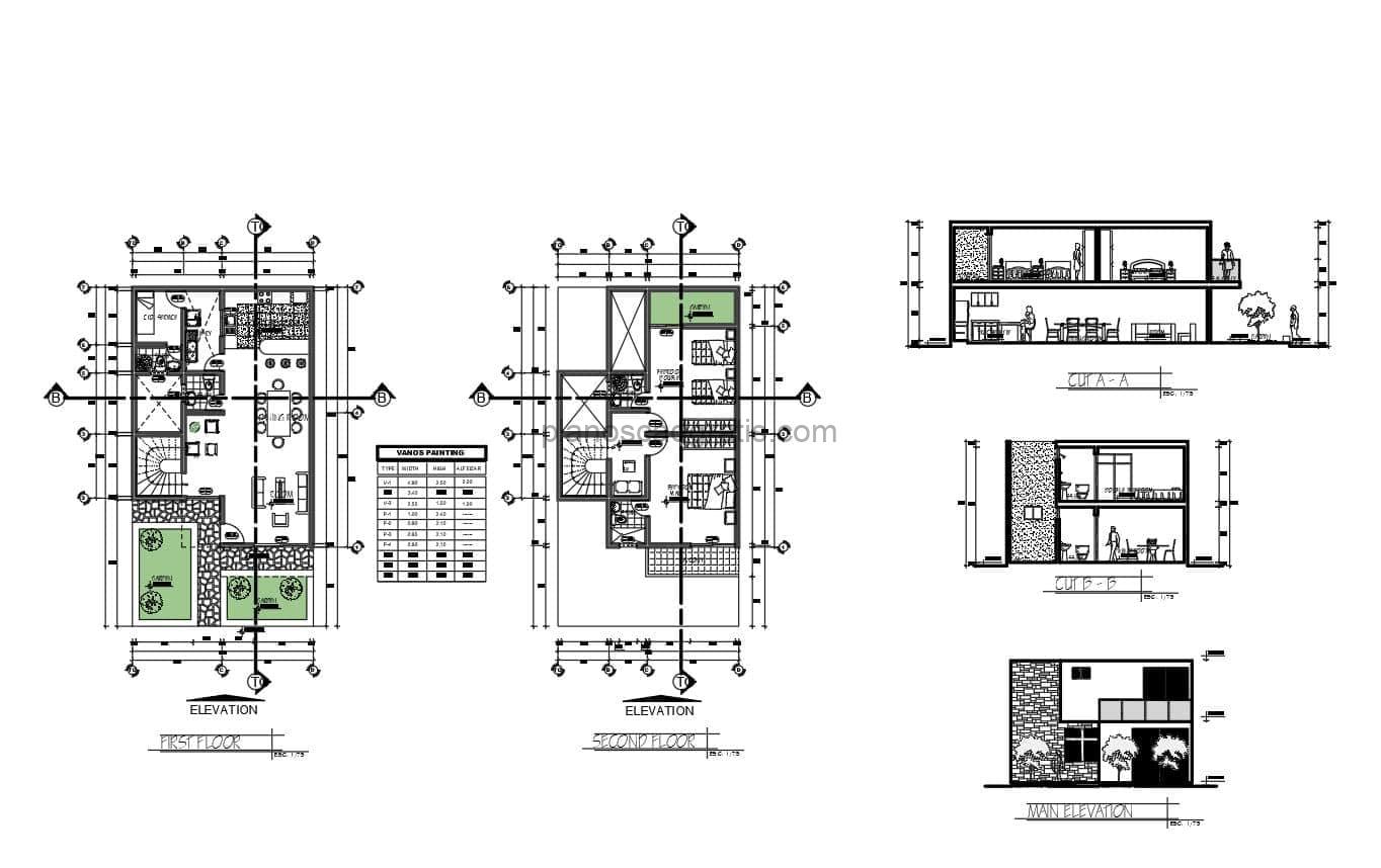 plano de casa de dos pisos en formato dwg de autocad con dos habitaciones en la parte de arriba y primer nivel areas sociales, planos con dimensiones y bloques para descarga gratis