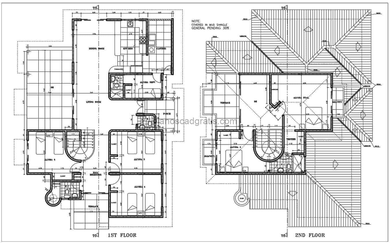 plano completo de casa campestre de dos niveles con cinco habitaciones dobles y techos inclinados planos arquitectonicos con dimensiones para descarga gratis