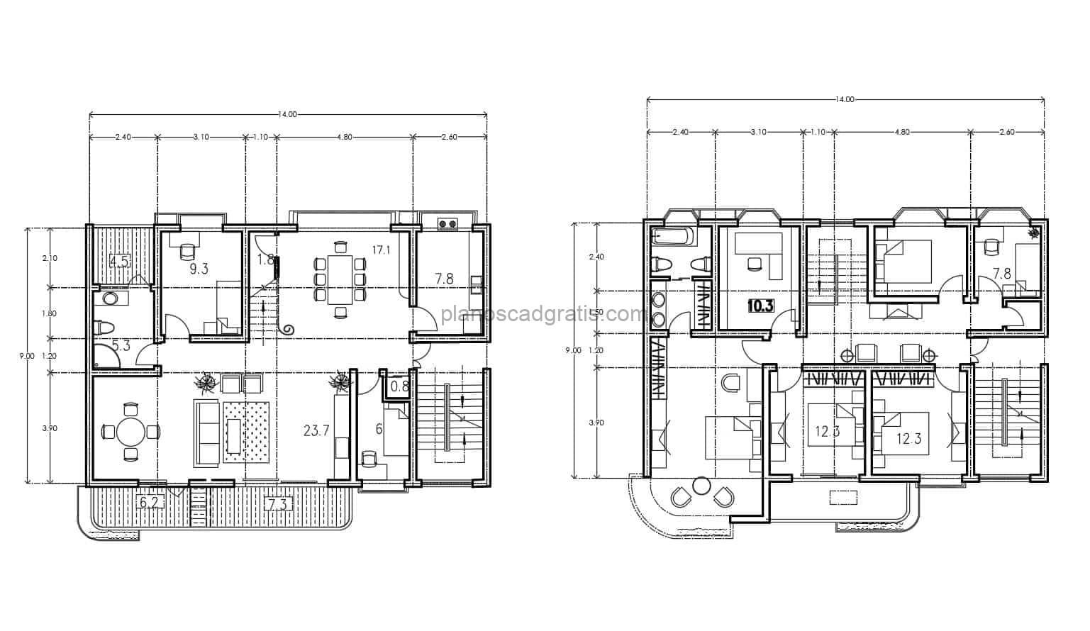 planos completos de formato dwg de autocad de proyecto de casa duplex con cuatro habitaciones con balcon frontal para descarga gratis