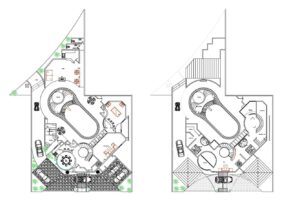 plano de casa moderna alrededor de piscina ovalada, planos en formato dwg de autocad con dimensiones y detalles para descarga gratis