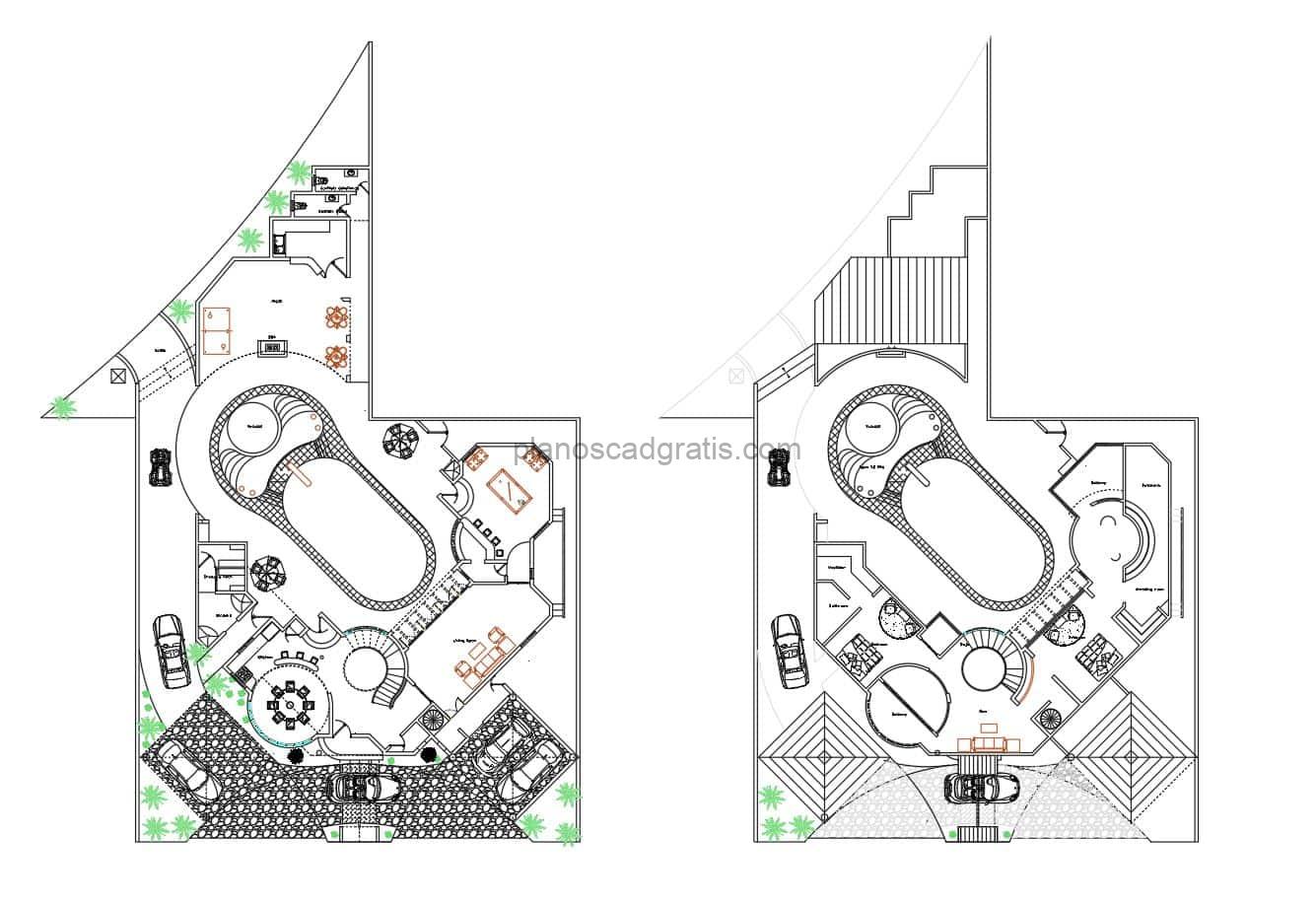 plano de casa moderna alrededor de piscina ovalada, planos en formato dwg de autocad con dimensiones y detalles para descarga gratis