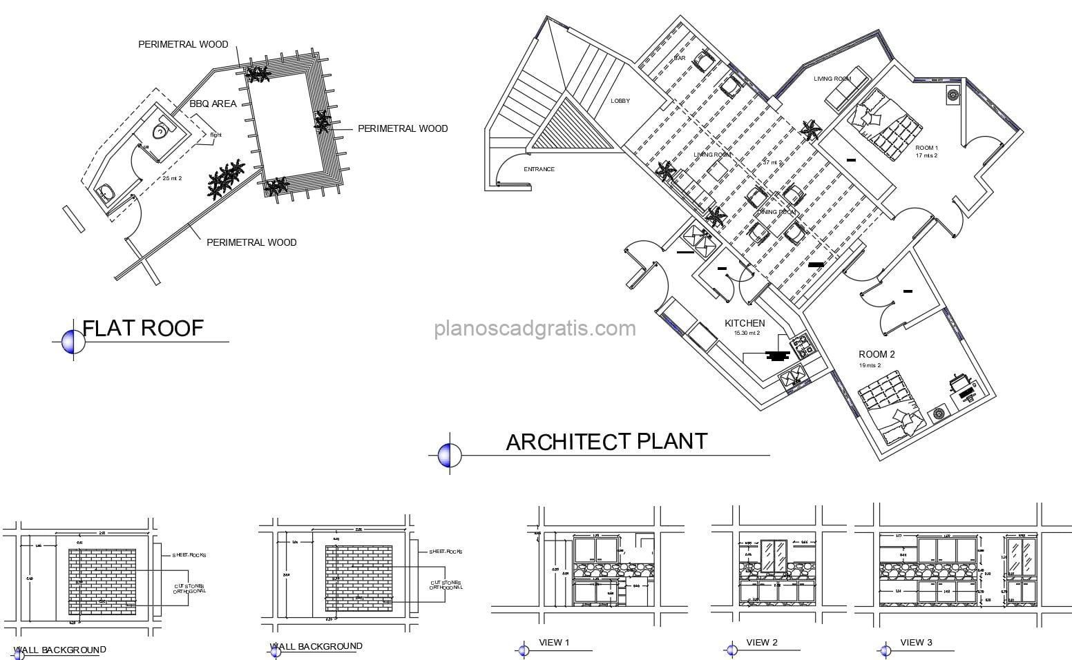 planos de casa campestre con area de bbq en el techo, planos con dimensiones en formato dwg de autocad para descarga gratis