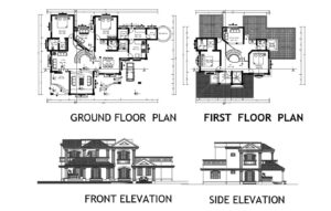 planos de casa de dos niveles y cuatro habitaciones con escalera curva central y fachada estilo clasico, planos en formato dwg para descarga gratis