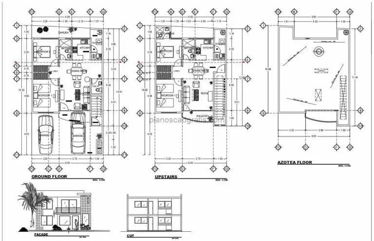 proyecto completo en formato dwg de autocad de casa moderna de dos pisos con cuatro habitaciones planos para descarga gratis