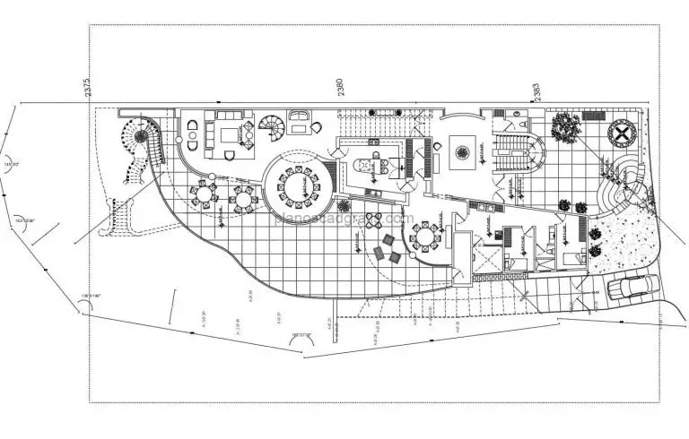plano de casa moderna de dos pisos con area de sotano y cuatro habitaciones, planos para descarga gratis en formato dwg de Autocad