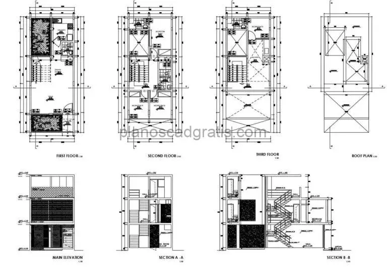 planos de casa rectangular de tres pisos con cuatro habitaciones en formato dwg de autocad, planos con corte, alzados, plantas dimensionadas y detalles constructivos para descarga gratis