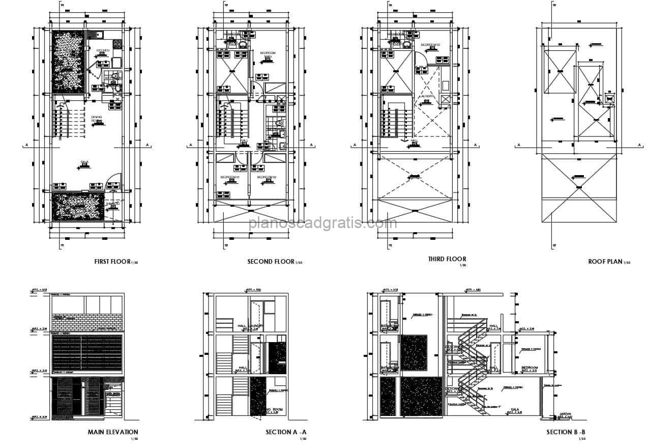 planos de casa rectangular de tres pisos con cuatro habitaciones en formato dwg de autocad, planos con corte, alzados, plantas dimensionadas y detalles constructivos para descarga gratis