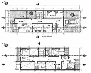 planos de casa en formato dwg de autocad, casa alargada de cuatro habitaciones y 230 m2 para descarga gratis