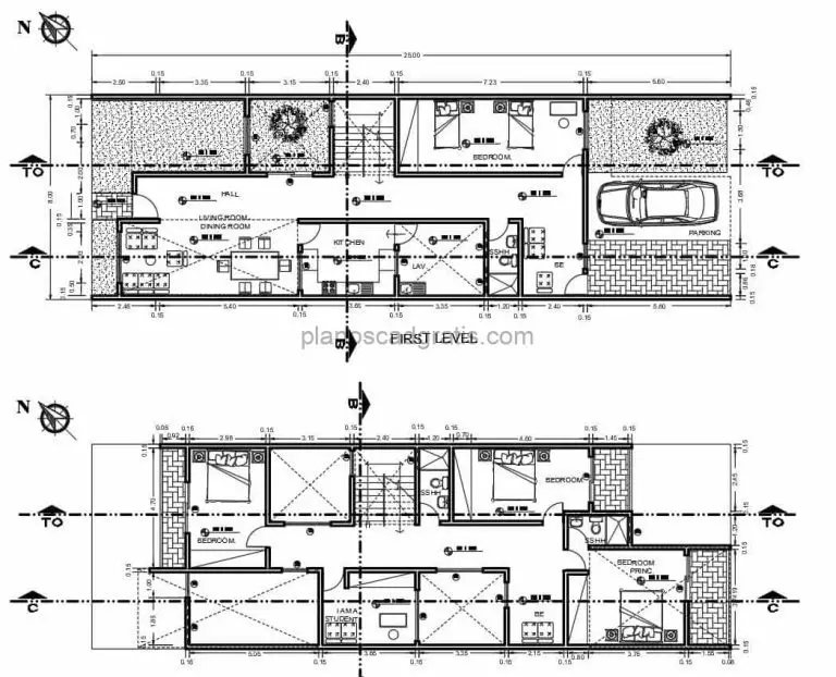 Casa 2 Pisos-4 Habitaciones-230 M2- Planos de AutoCAD 231121