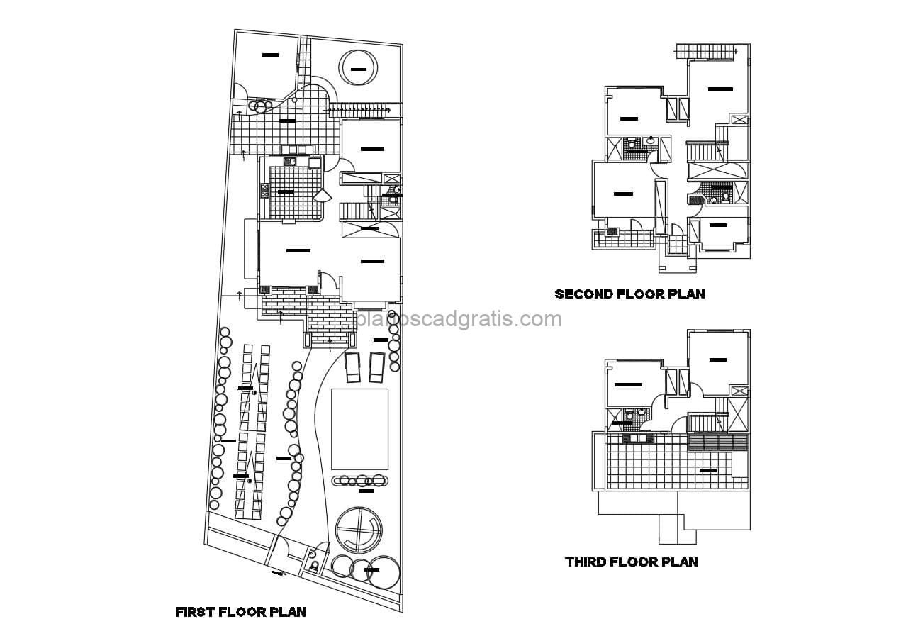 Planos de casa de tres pisos con patio y cuatro habitaciones incluyendo habitacion de servicio, planos con dimensiones en formato DWG de Autocad para descarga gratis