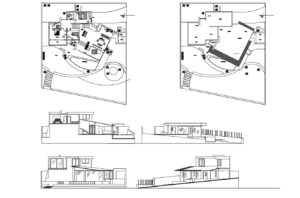 plano arquitectonico con dimensiones de casa moderna en terreno en pendiente, tres habitaciones, plano con fachadas, dimensiones en formato DWG de autocad para descarga gratis