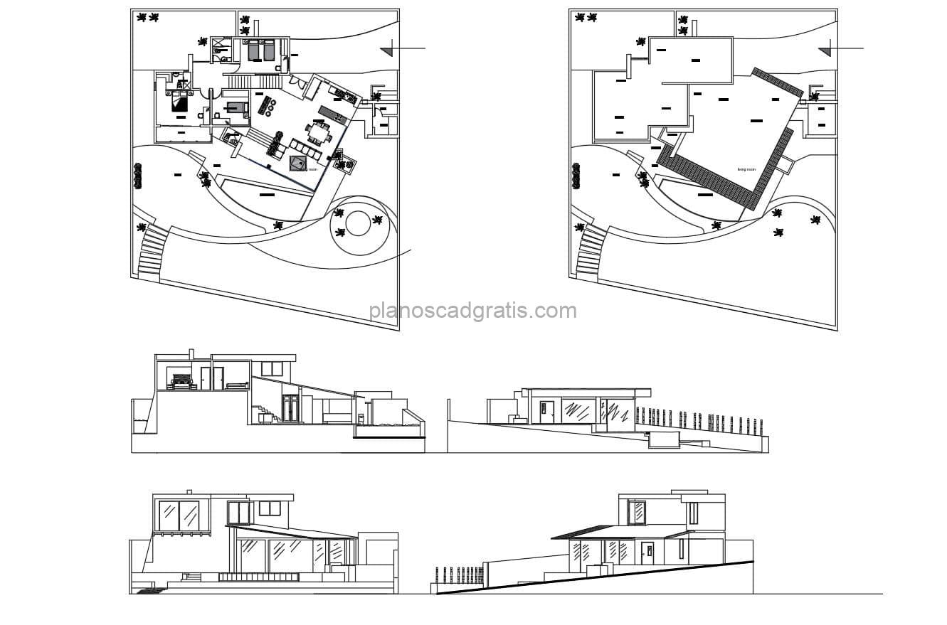plano arquitectonico con dimensiones de casa moderna en terreno en pendiente, tres habitaciones, plano con fachadas, dimensiones en formato DWG de autocad para descarga gratis