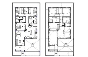 planos digitales en formato dwg de autocad de casa de un nivel con tres habitaciones y cochera adelante, planos para descarga gratis