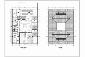 plano en formato dwg de autocad con dibujos de escuela de tres pisos con planta dimensionada y detalles