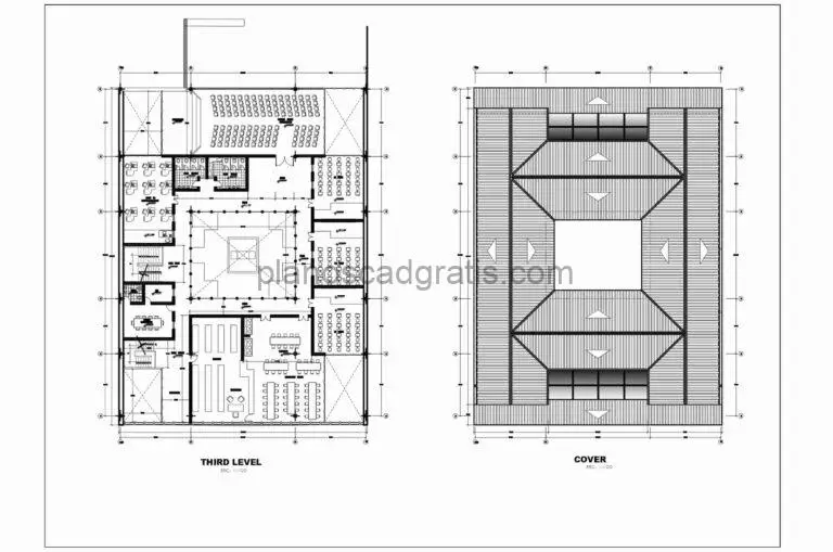 plano en formato dwg de autocad con dibujos de escuela de tres pisos con planta dimensionada y detalles
