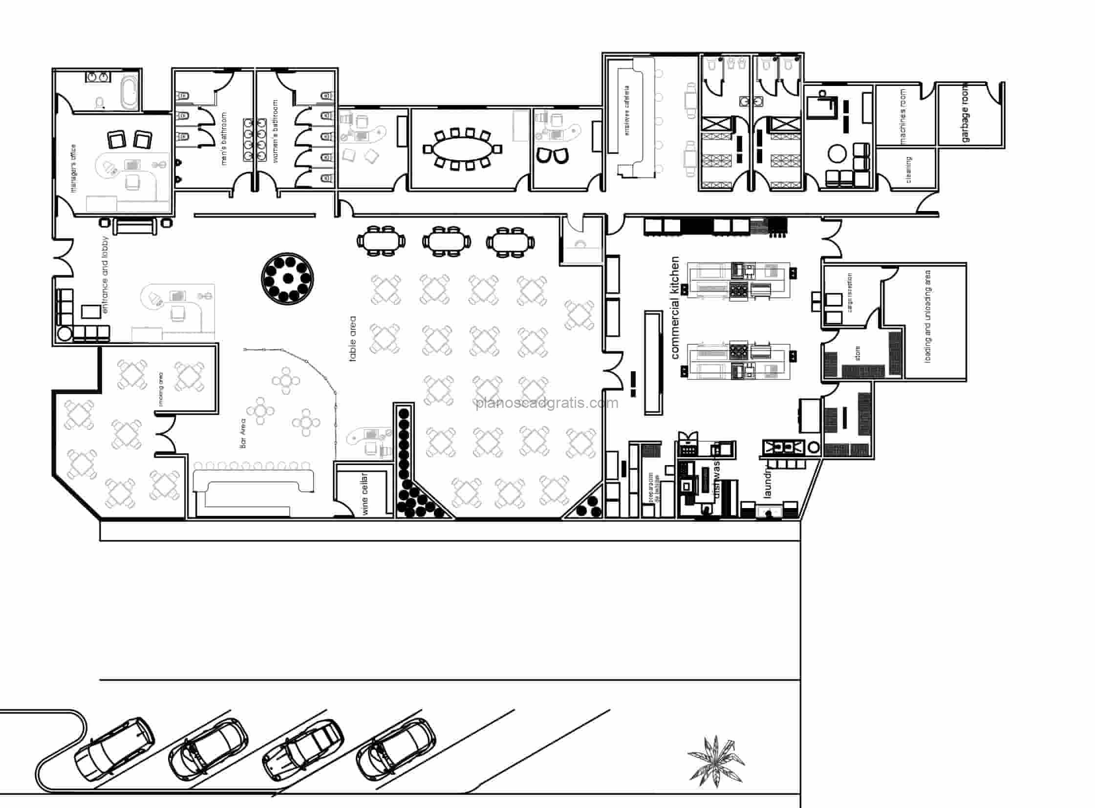 plano dwg de autocad de restaurante edificio comercial para descarga gratis plano con dimensines y bloques de autocad